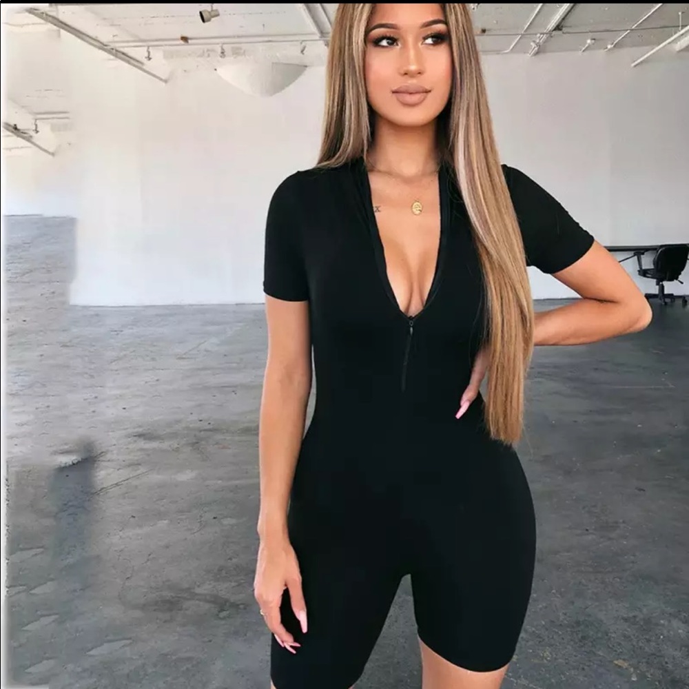Black tight short playsuit romper catsuit zip up